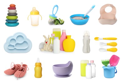 Image of Set with different stuff for baby on white background