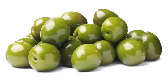 Many fresh green olives on white background