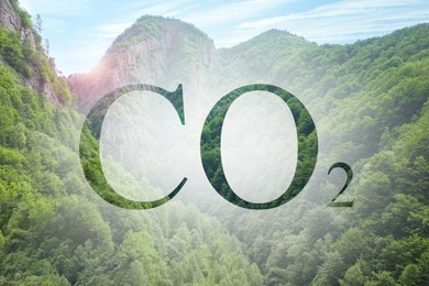 Image of Concept of clear air. CO2 inscription and beautiful mountain landscape 