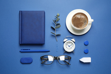 Flat lay composition inspired by color of the year 2020  (Classic blue)