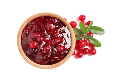 Cranberry sauce and fresh berries on white background, top view