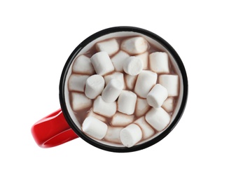 Hot drink with marshmallows in red cup isolated on white, top view