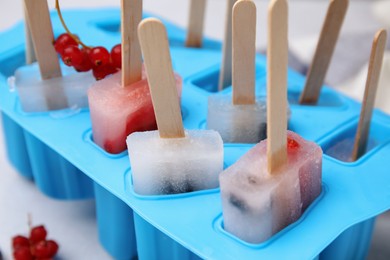 Mold with fruit and berry ice pops, closeup
