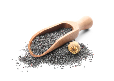Photo of Poppy seeds and wooden scoop on white background