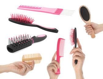 Set with photos of people holding different hair brushes on white background, closeup 