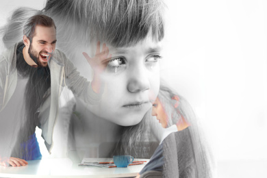 Double exposure of sad little girl and her arguing parents