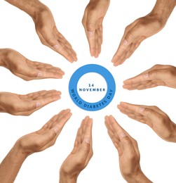 Blue circle as World Diabetes Day symbol surrounded by men against white background, closeup of hands