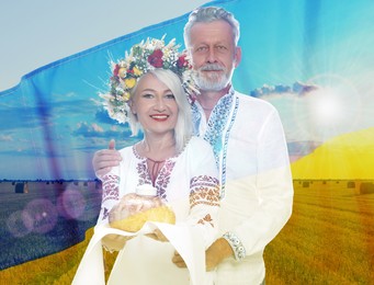 Multiple exposure of happy mature couple wearing national clothes with bread and salt, wheat field and Ukrainian flag