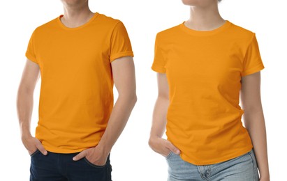 Man and woman wearing orange t-shirts on white background, closeup. Mockup for design