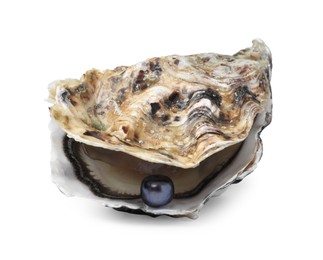 Open oyster with black pearl isolated on white