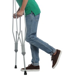 Man with injured leg using crutches on white background, closeup