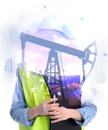 Double exposure of crude oil pumps and woman wearing uniform on white background