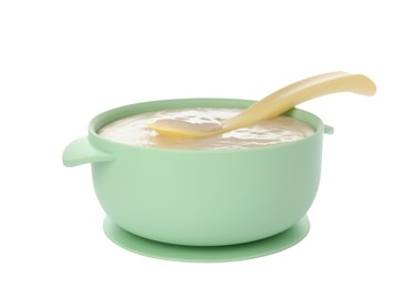 Healthy baby food in bowl on white background