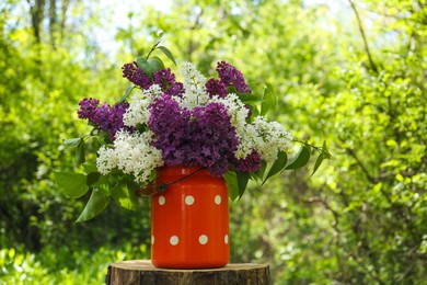 Photo of Bouquet of beautiful lilac flowers in milk can outdoors