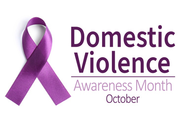 Purple ribbon on white background, top view. Symbol of Domestic Violence Awareness