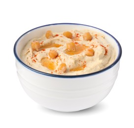 Bowl of tasty hummus with chickpeas and paprika isolated on white
