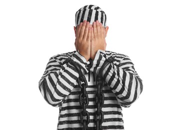 Prisoner in special uniform with chained hands on white background