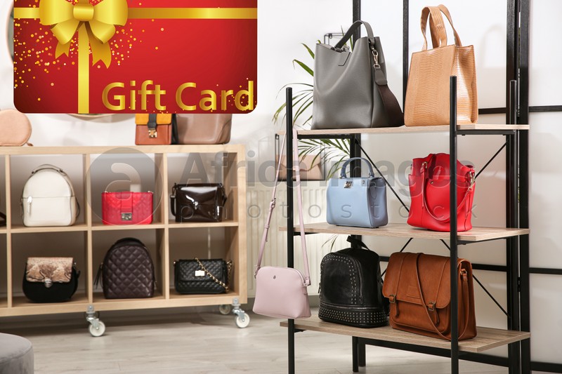 Image of Store gift card. Collection of stylish woman's bags in modern shop