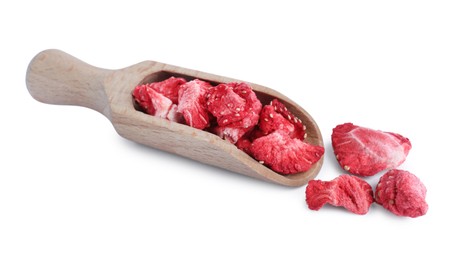 Wooden scoop with freeze dried strawberries on white background