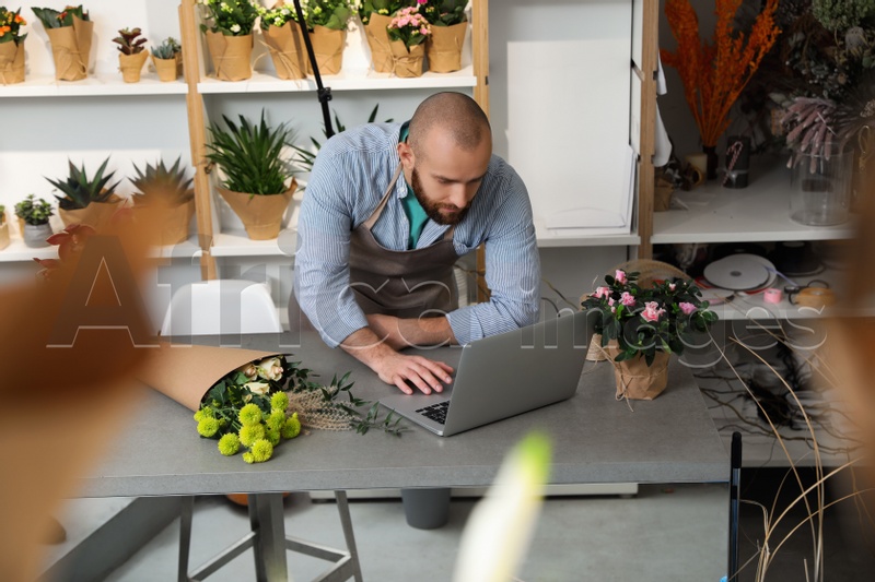 Professional male florist using laptop at workplace