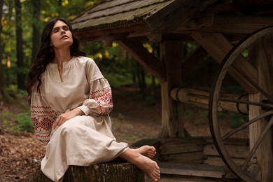 Beautiful woman wearing embroidered dress sitting near old wooden well in countryside. Ukrainian national clothes