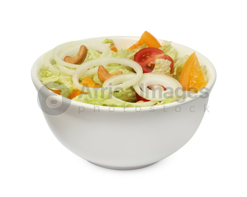 Bowl of delicious salad with Chinese cabbage, tomatoes and onion isolated on white