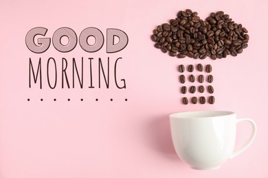 Cloud and raindrops made of coffee beans falling into cup on pink background, flat lay. Good morning 