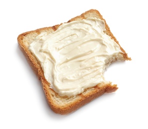 Bitten toast bread with cream cheese on white background