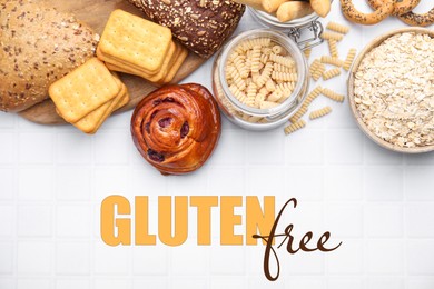 Different gluten free products on white tiled table, flat lay