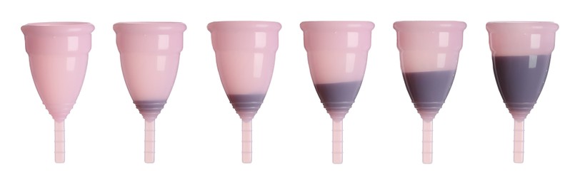 Pink menstrual cups on white background, collage. Banner design