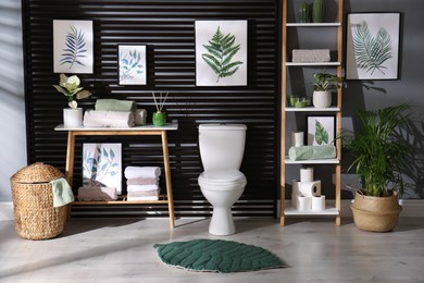 Stylish bathroom interior with toilet bowl and other essentials