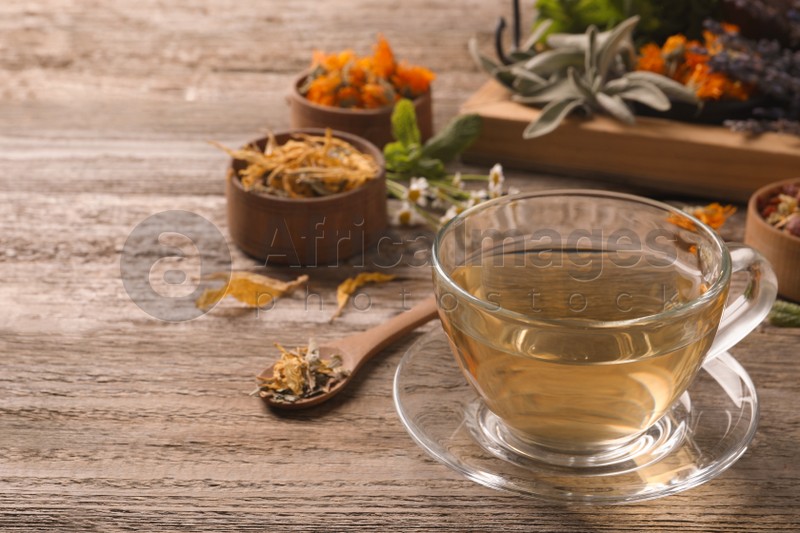 Glass cup of aromatic freshly brewed tea near different dry herbs on wooden table. Space for text
