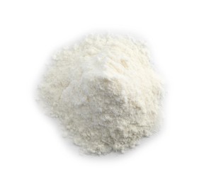 Heap of powdered infant formula on white background, top view. Baby milk