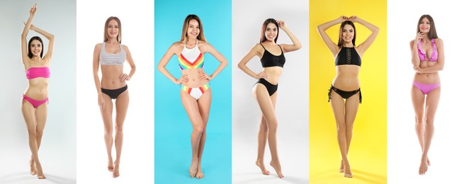 Image of Collage with photos of women wearing bikini on different color backgrounds. Banner design