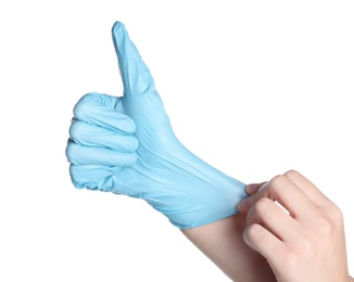 Doctor wearing medical glove on white background