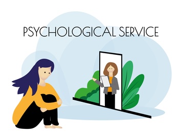 Illustration of Online psychological service. Sad woman sitting in front of specialist, illustration