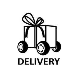 Illustration of Gift box on wheels. Illustration over word Delivery on white background