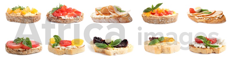 Image of Set of toasted bread with different toppings on white background, banner design 