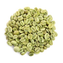 Heap of green coffee beans isolated on white, top view