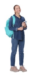 Photo of Teenage girl with books and backpack on white background