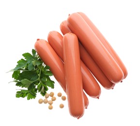 Fresh raw vegetarian sausages, parsley and soybeans on white background, top view