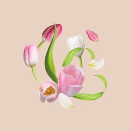 Beautiful spring tulips flying on beige background