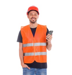 Photo of Male industrial engineer in uniform with phone on white background