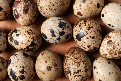 Many fresh quail eggs on wooden tray, flat lay