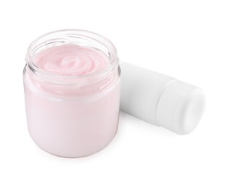 Jar and tube of hand cream on white background