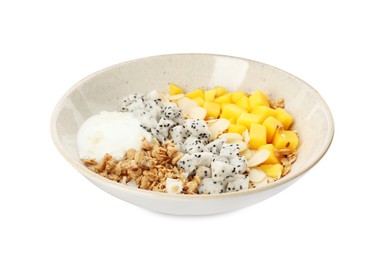 Bowl of granola with pitahaya, mango and yogurt isolated on white