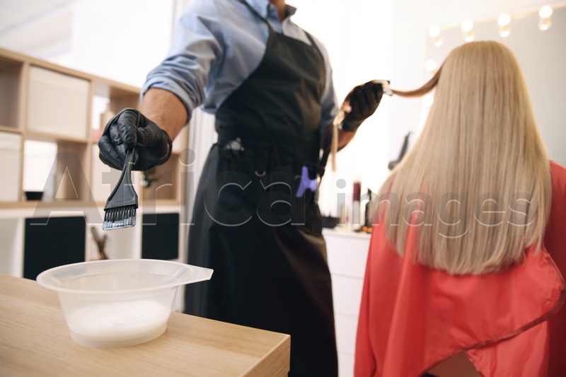 Professional hairdresser dying hair in beauty salon, closeup