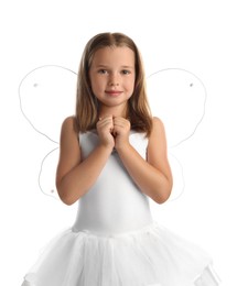 Cute little girl in fairy costume with wings on white background