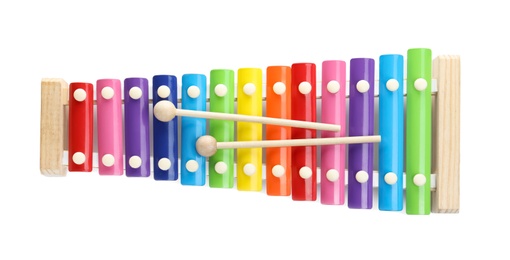 Photo of Colorful toy xylophone isolated on white, top view