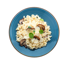 Photo of Delicious risotto with cheese and mushrooms isolated on white, top view